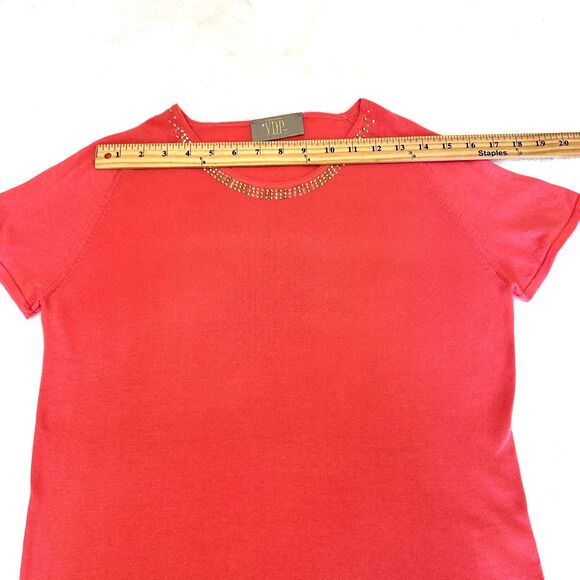 VDP Collection Coral Women's Rhinestone Scoop Neck Short Sleeve Sweater Top Sz M - Picture 10 of 15